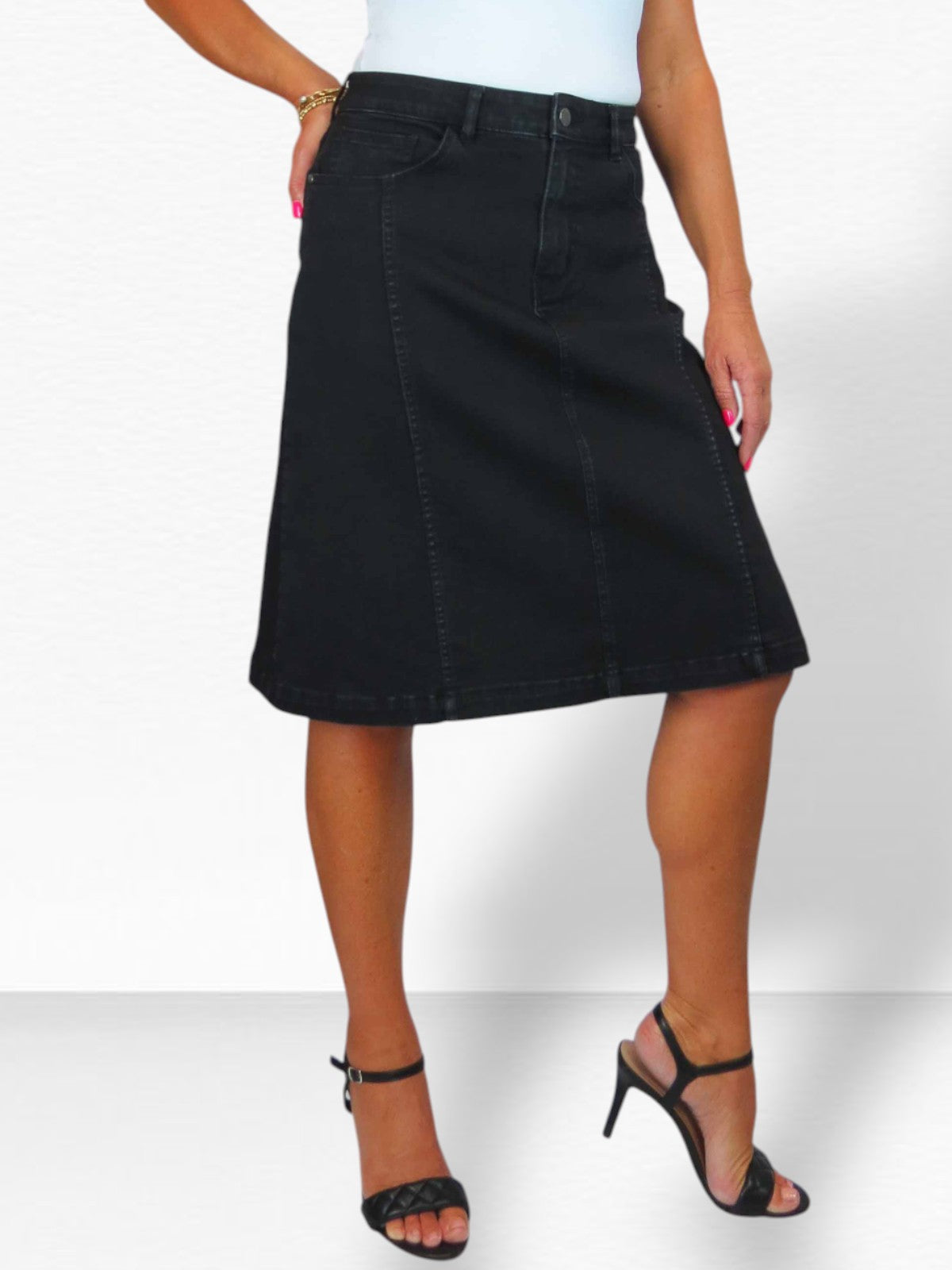 Women's Panelled Denim A Line Skirt Black Soft Wash