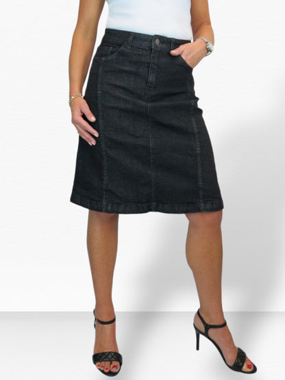 Women's Panelled Denim A Line Skirt Black Soft Wash