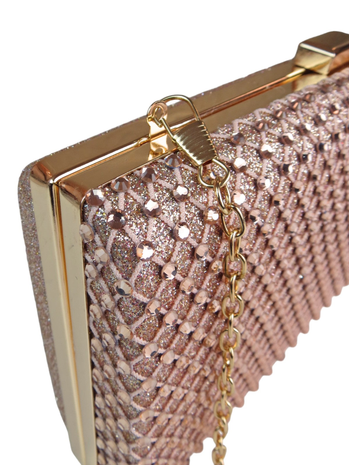 Diamante Lattice Clutch Bag Champagne Rose