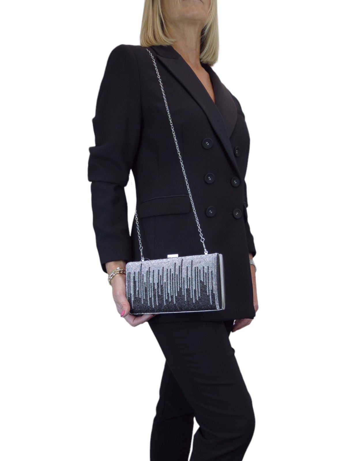 Dropping Diamantes Shiny Clutch Bag Black