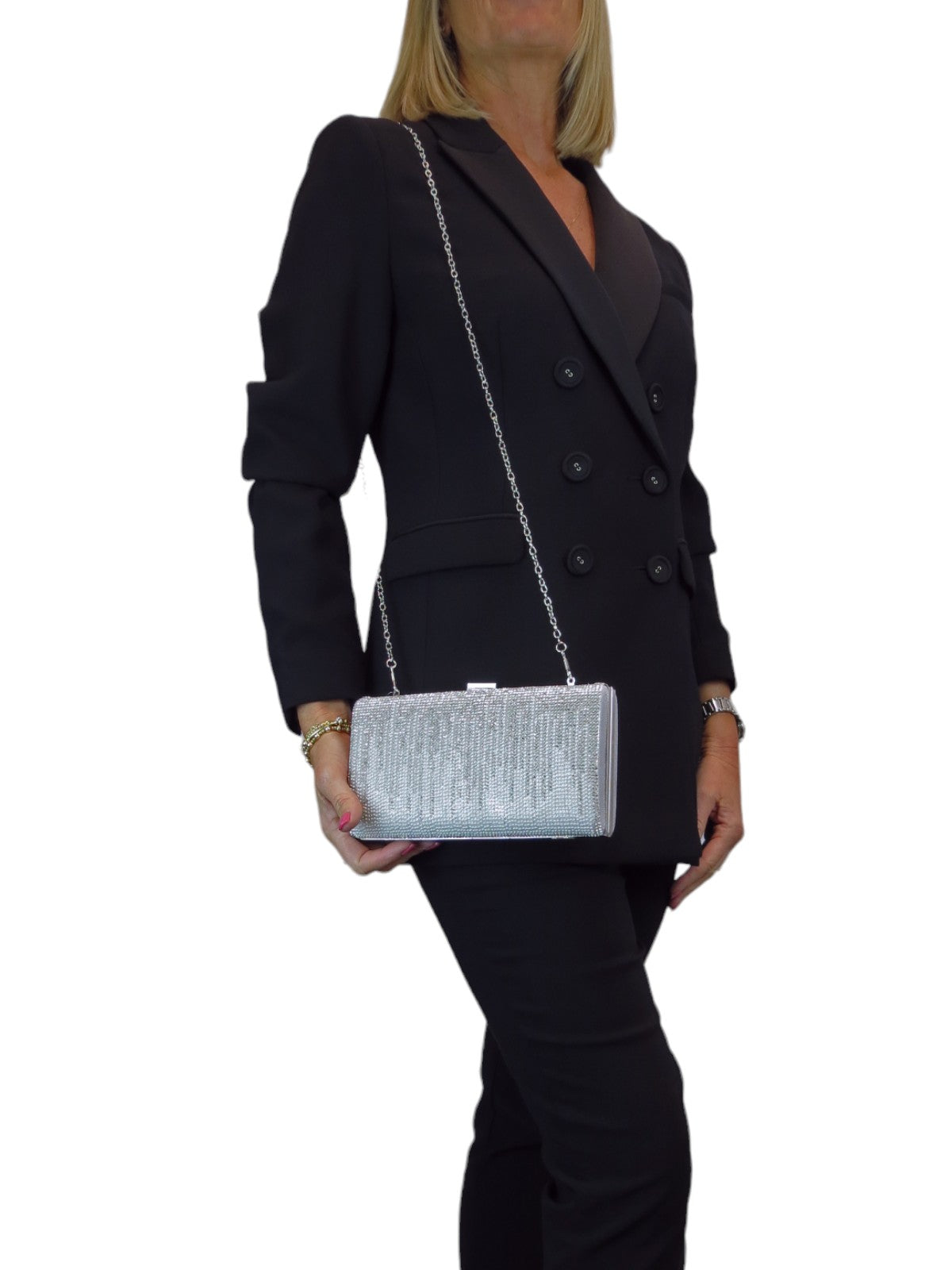 Dropping Diamantes Shiny Clutch Bag Silver