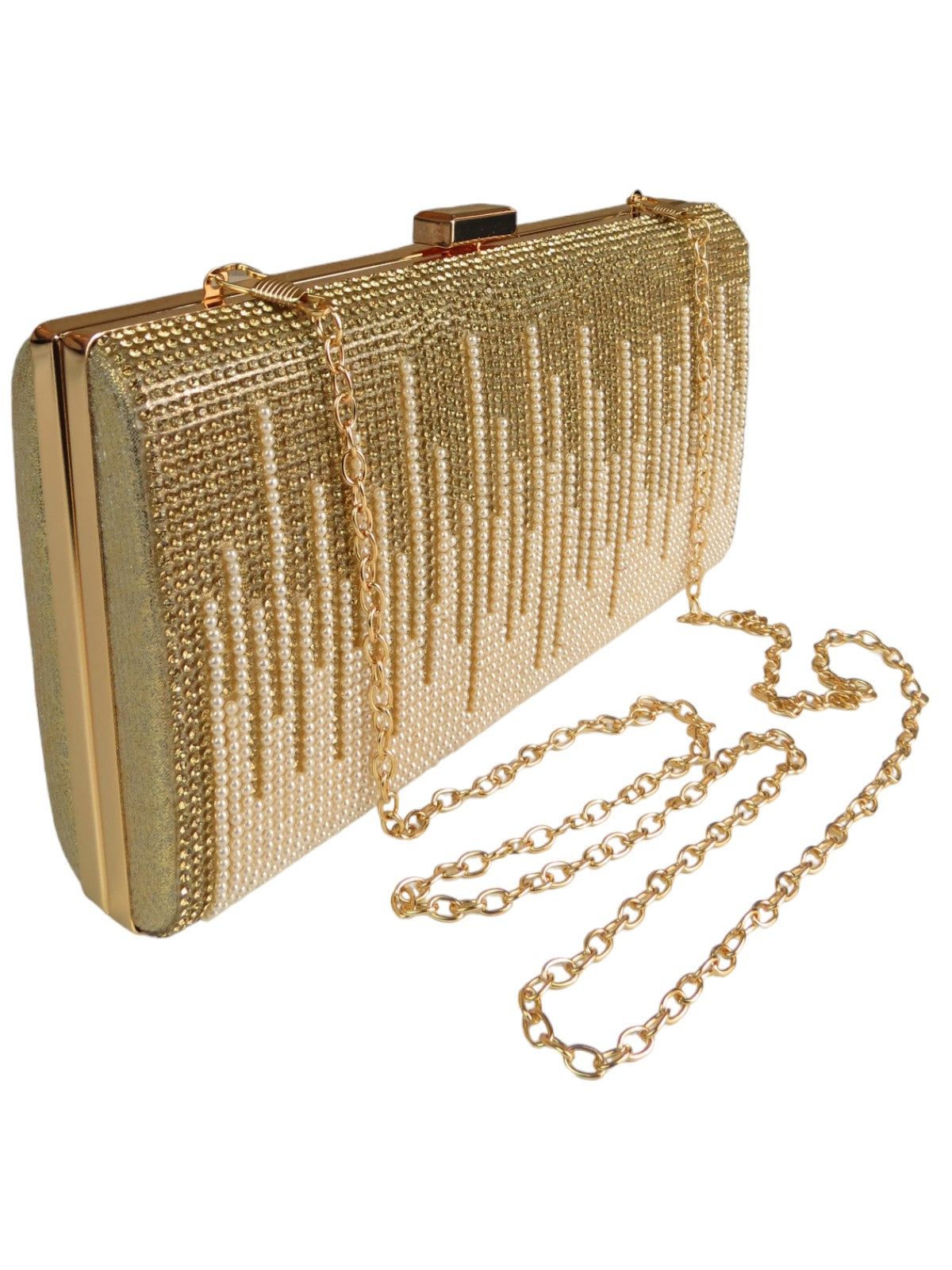 Dropping Diamantes Shiny Clutch Bag Gold