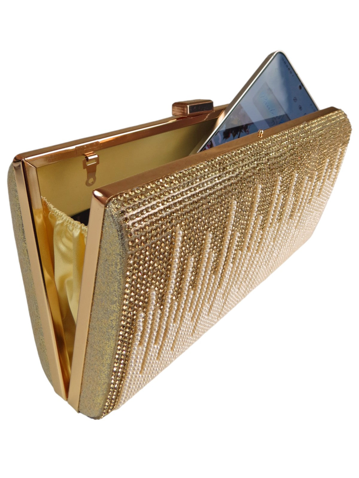 Dropping Diamantes Shiny Clutch Bag Gold