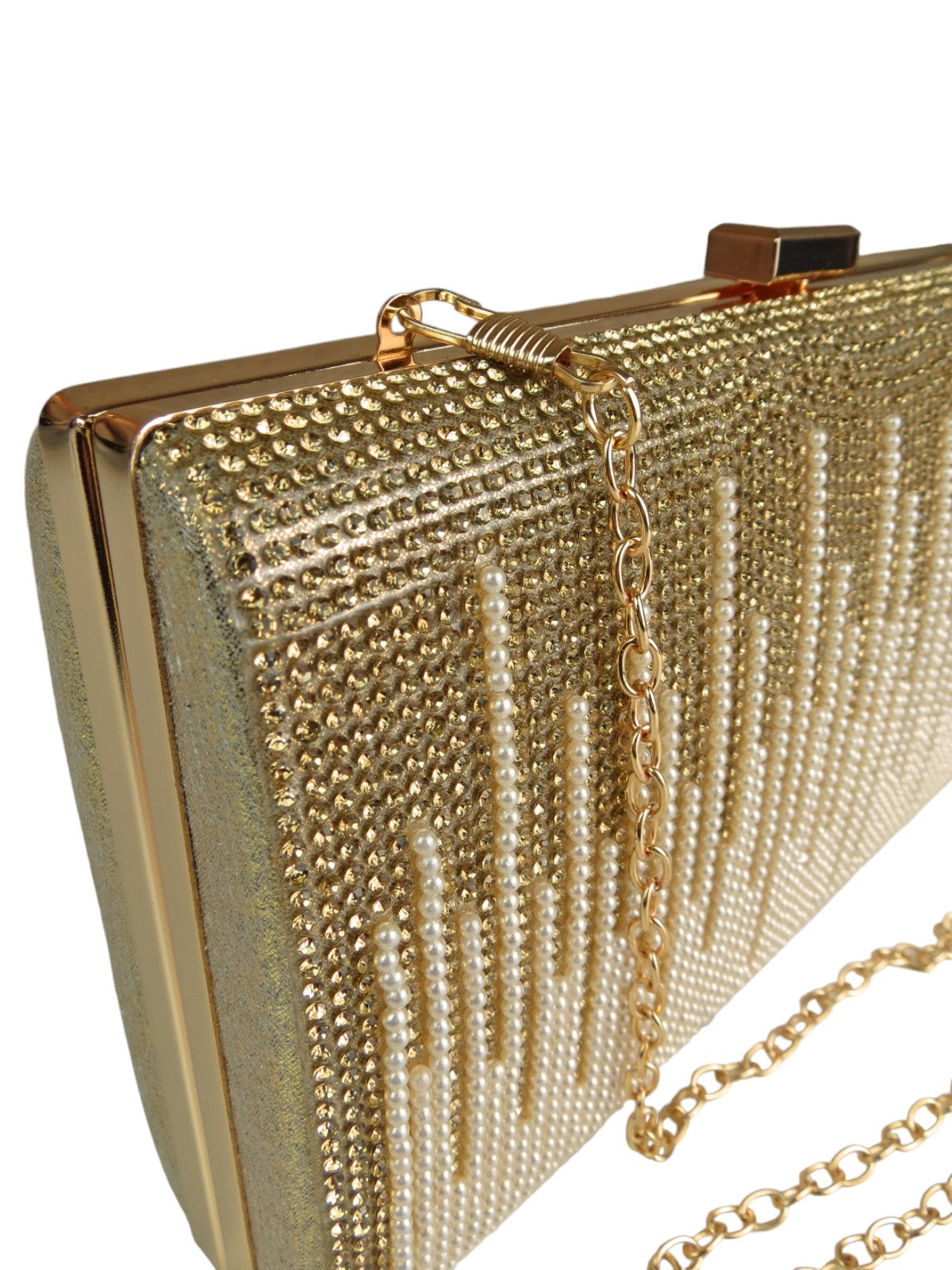 Dropping Diamantes Shiny Clutch Bag Gold