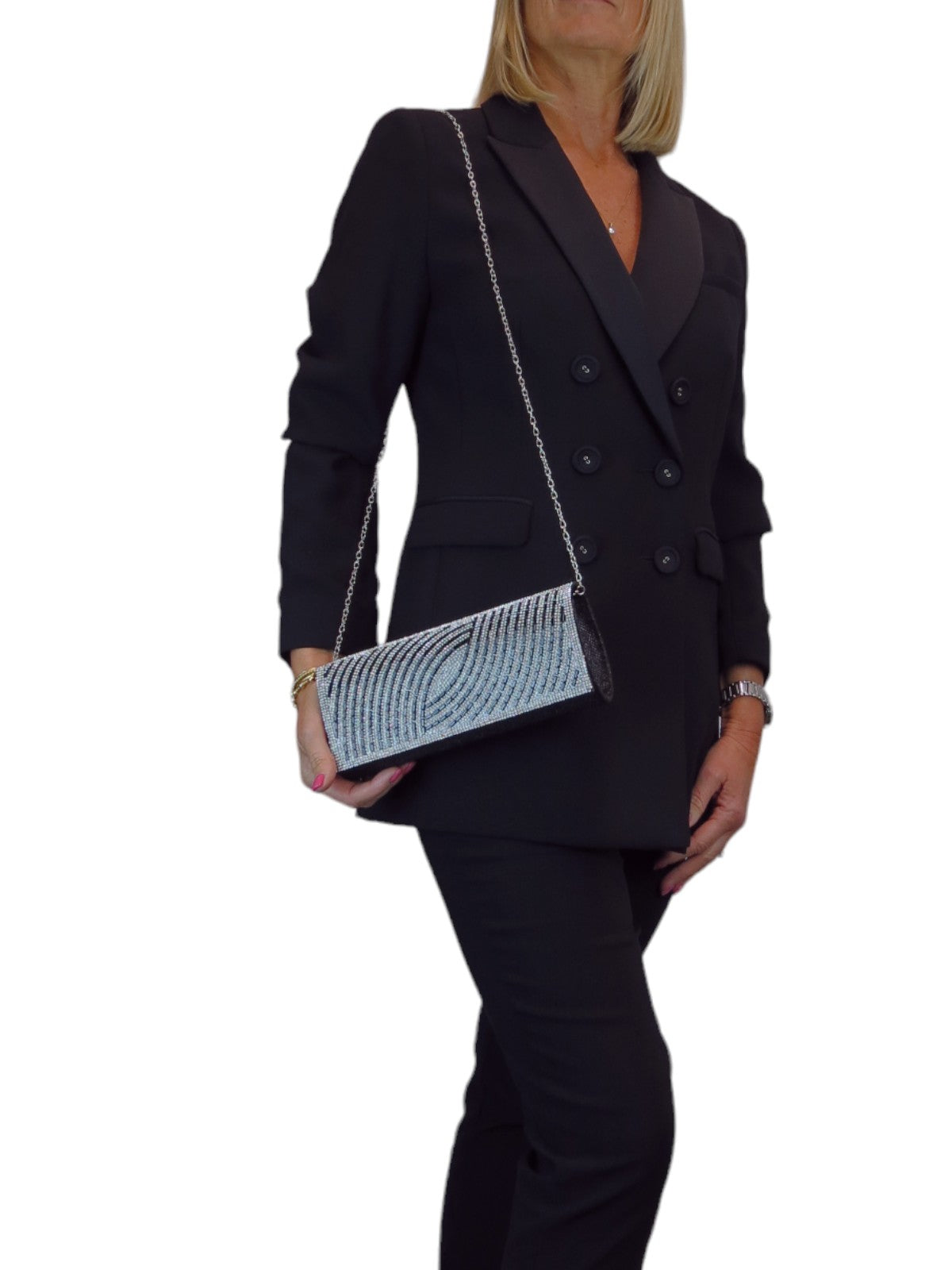 Oval Pattern Diamante Clutch Bag Black