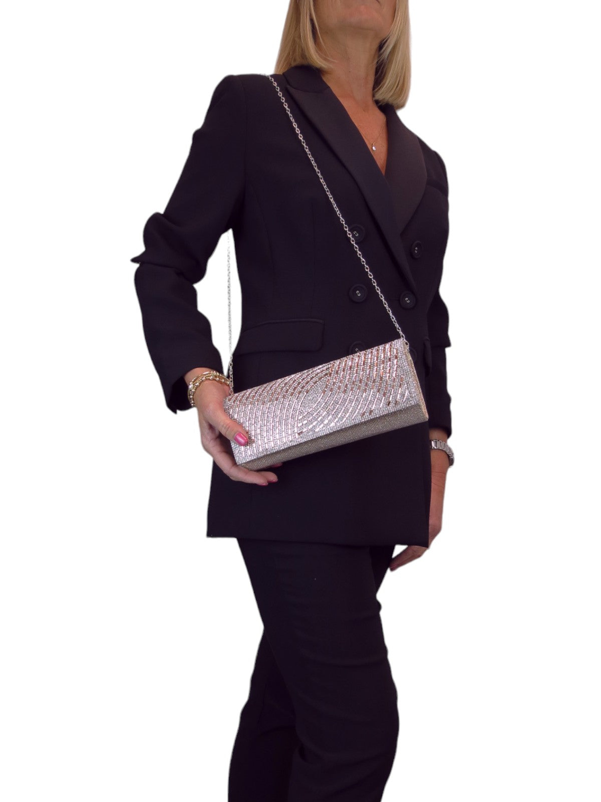 Oval Pattern Diamante Clutch Bag Champagne Rose