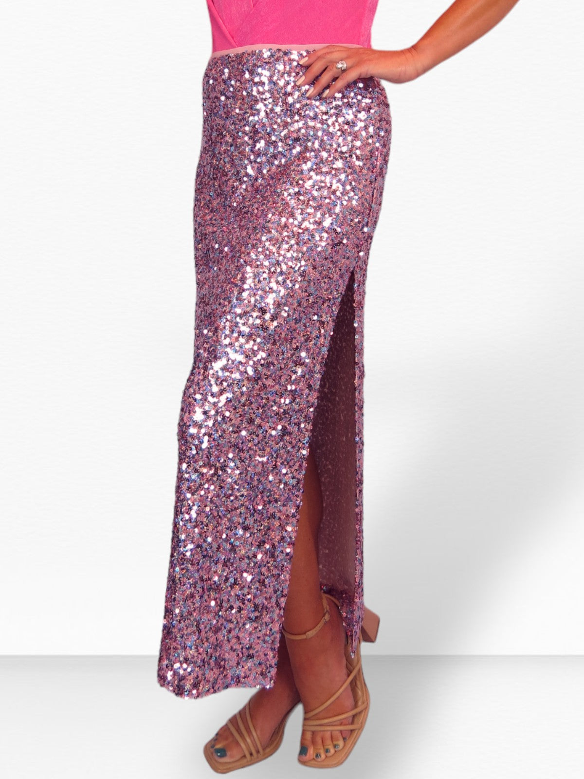 Womens Sequin Maxi Skirt With Side Slit Multicoloured
