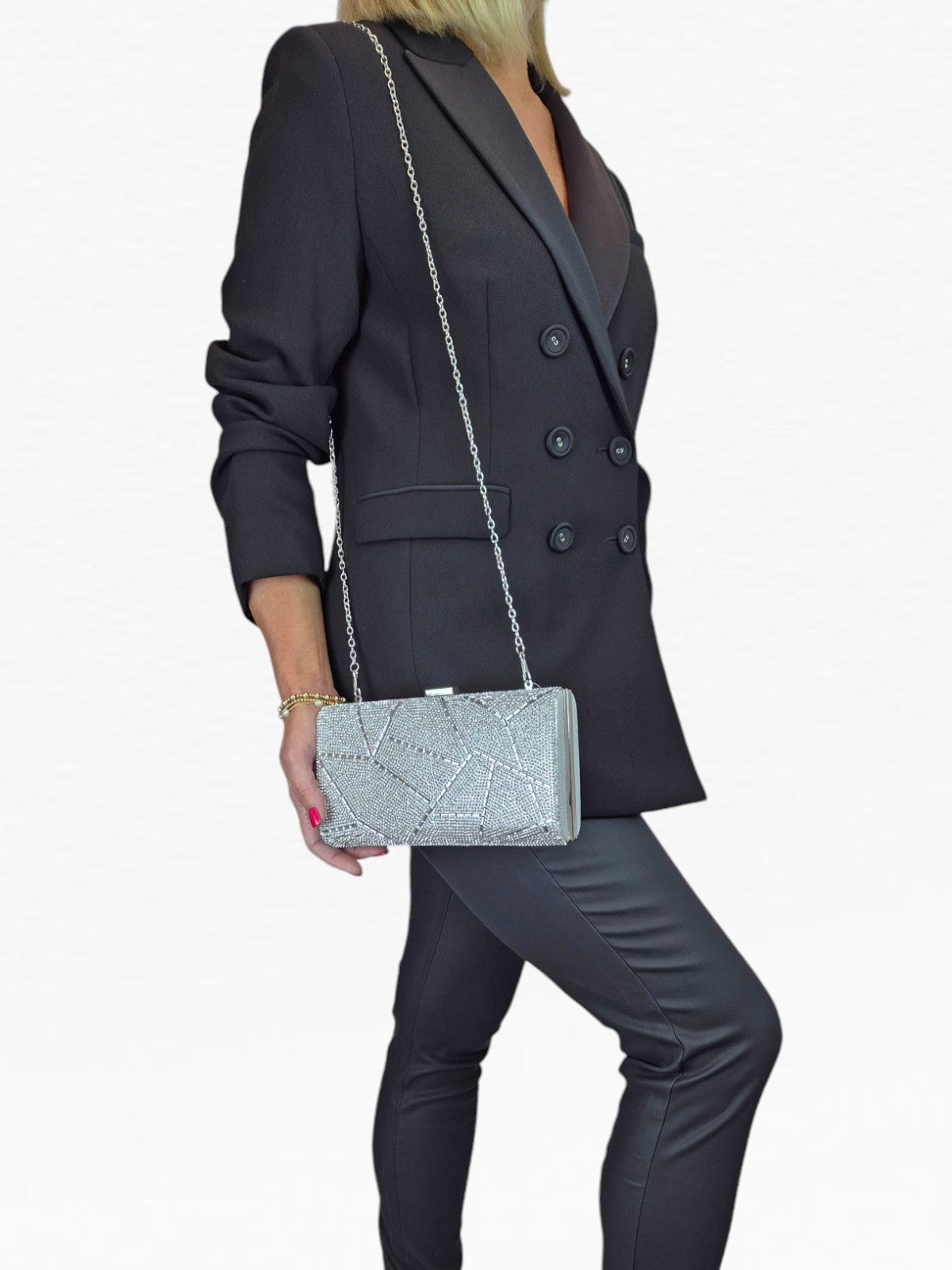 Abstract Diamante & Rhinestone Clutch Bag Silver