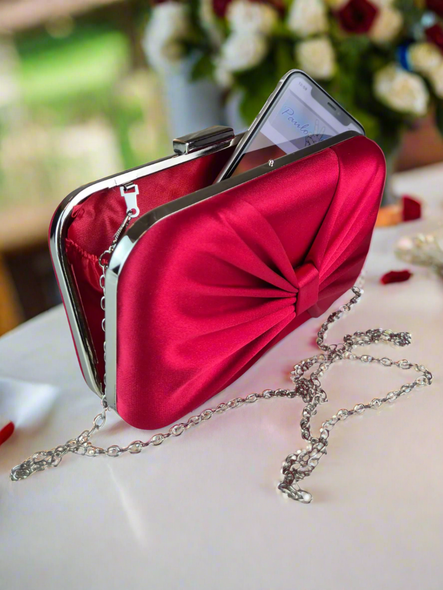 Bow Satin Clutch Bag Red