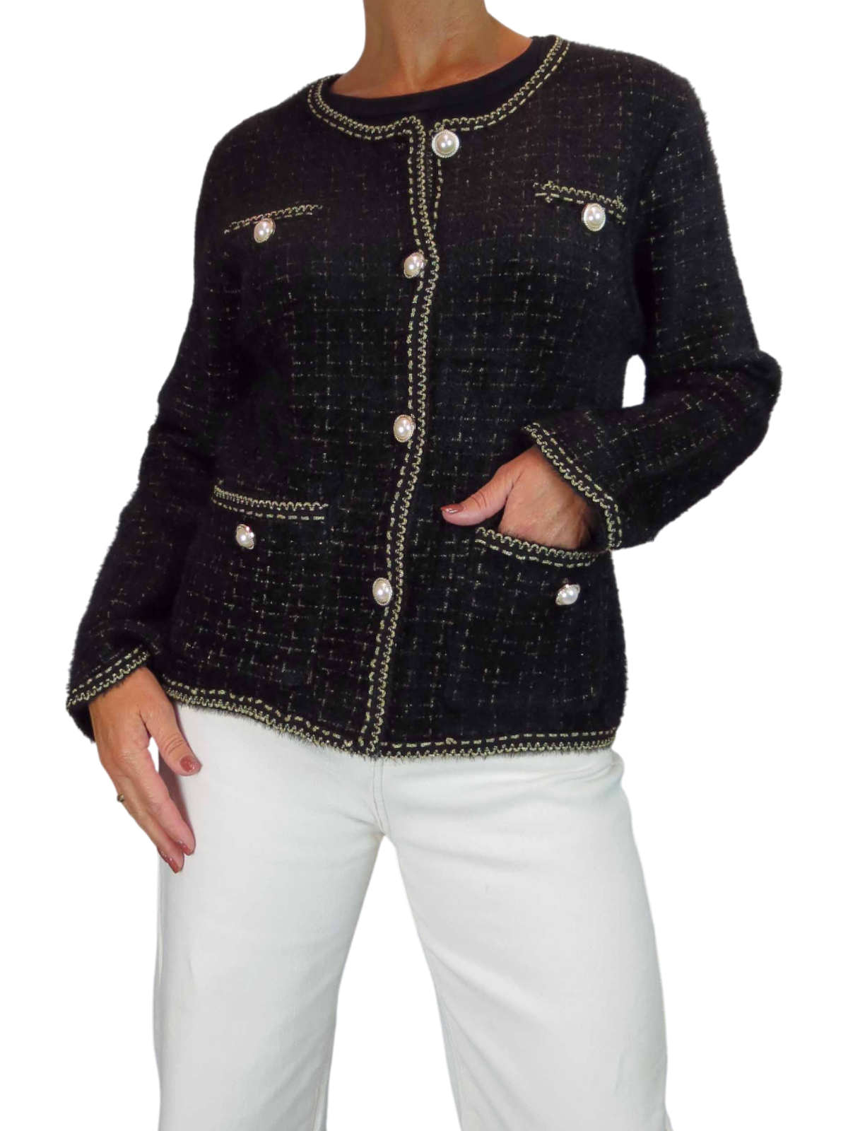 Pearl Button Knitted Jacket Black