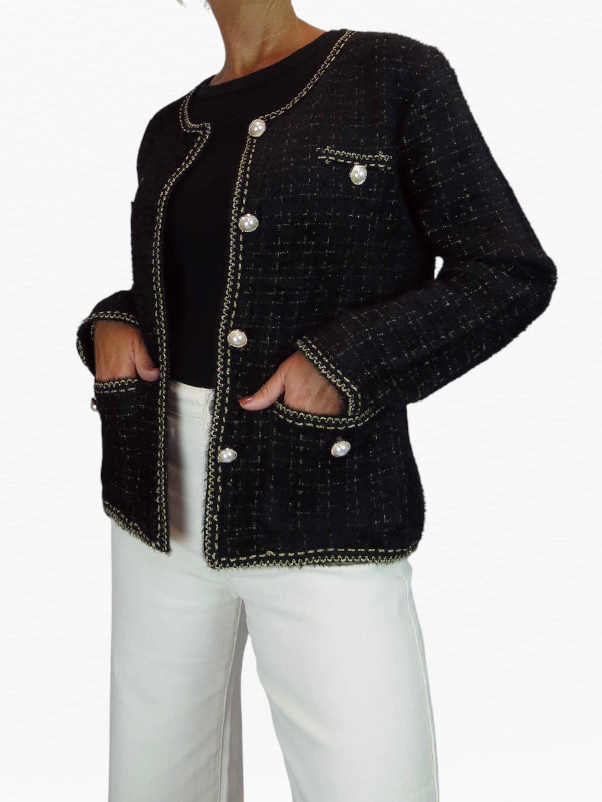 Pearl Button Knitted Jacket Black
