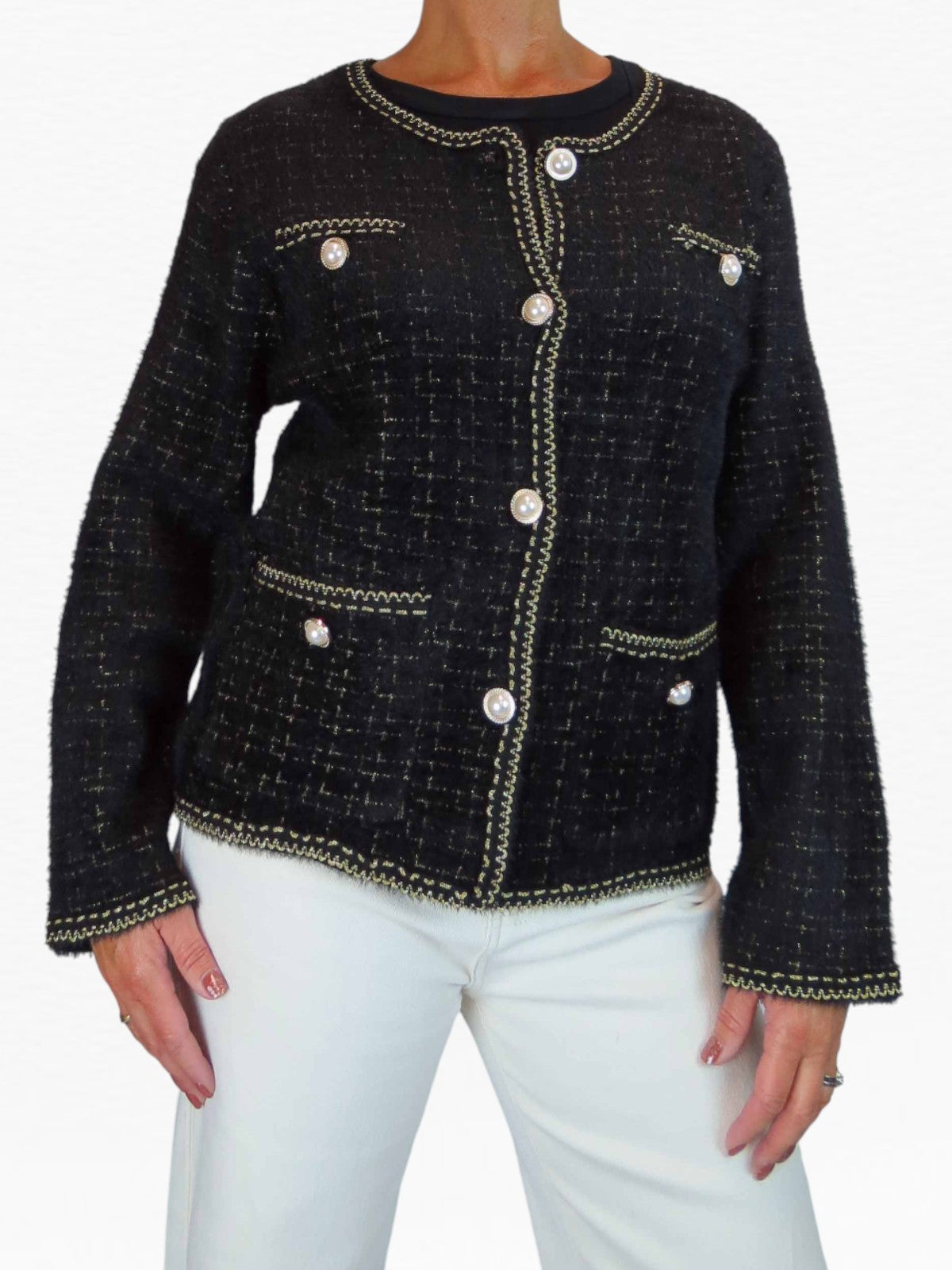 Pearl Button Knitted Jacket Black