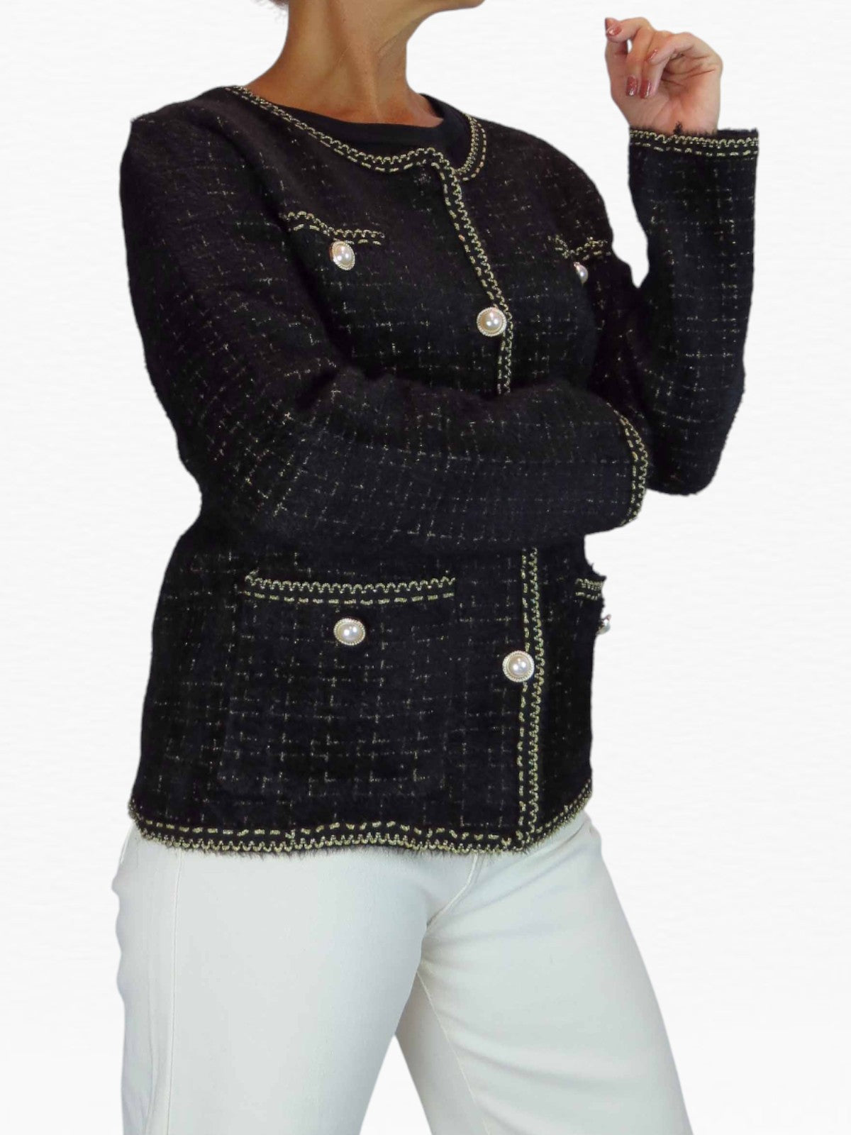 Pearl Button Knitted Jacket Black