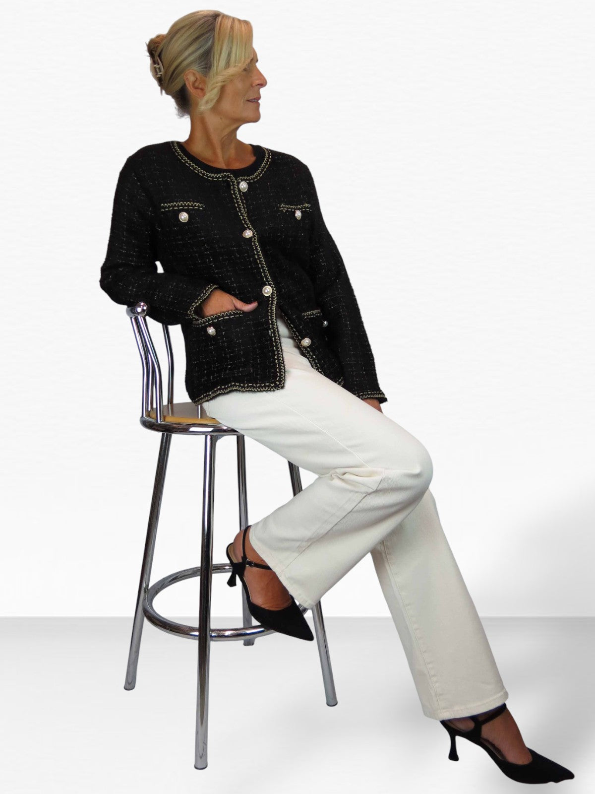 Pearl Button Knitted Jacket Black
