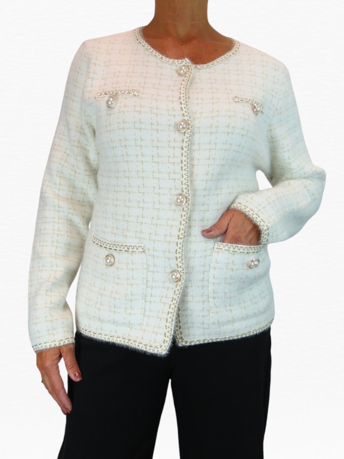 Pearl Button Knitted Jacket Cream