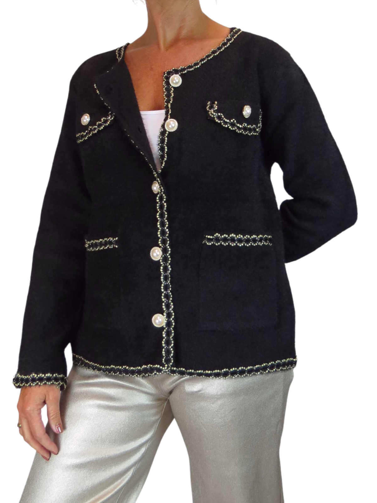 Soft Knitted Jacket with Gold & Pearl Trim Black