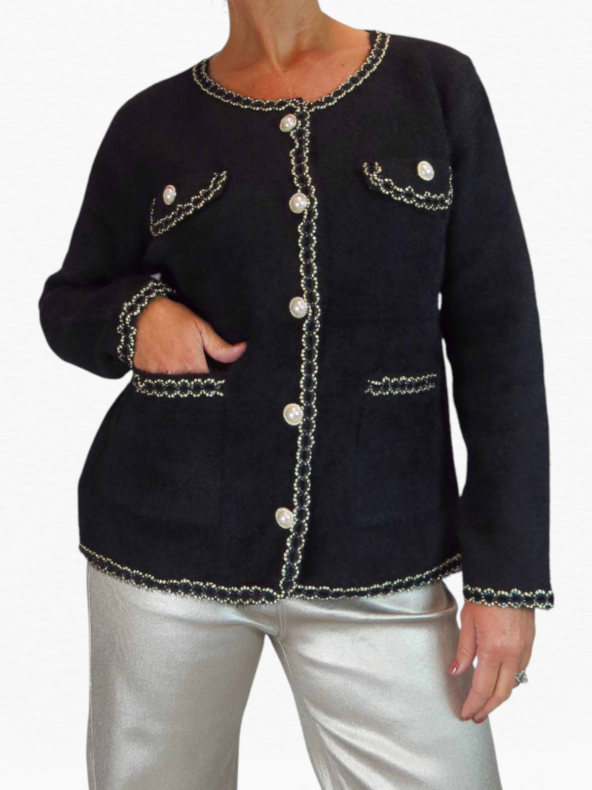 Soft Knitted Jacket with Gold & Pearl Trim Black