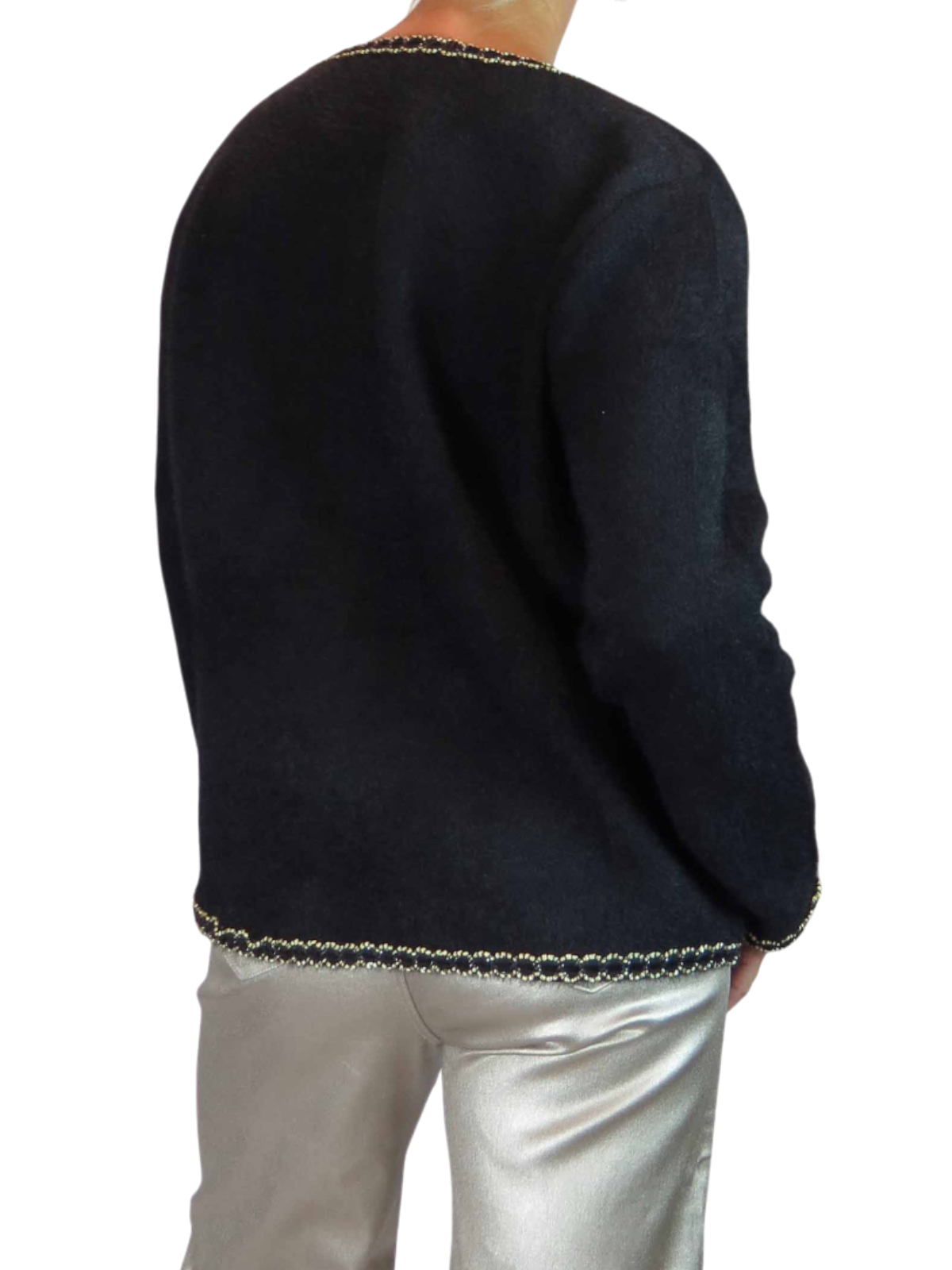 Soft Knitted Jacket with Gold & Pearl Trim Black