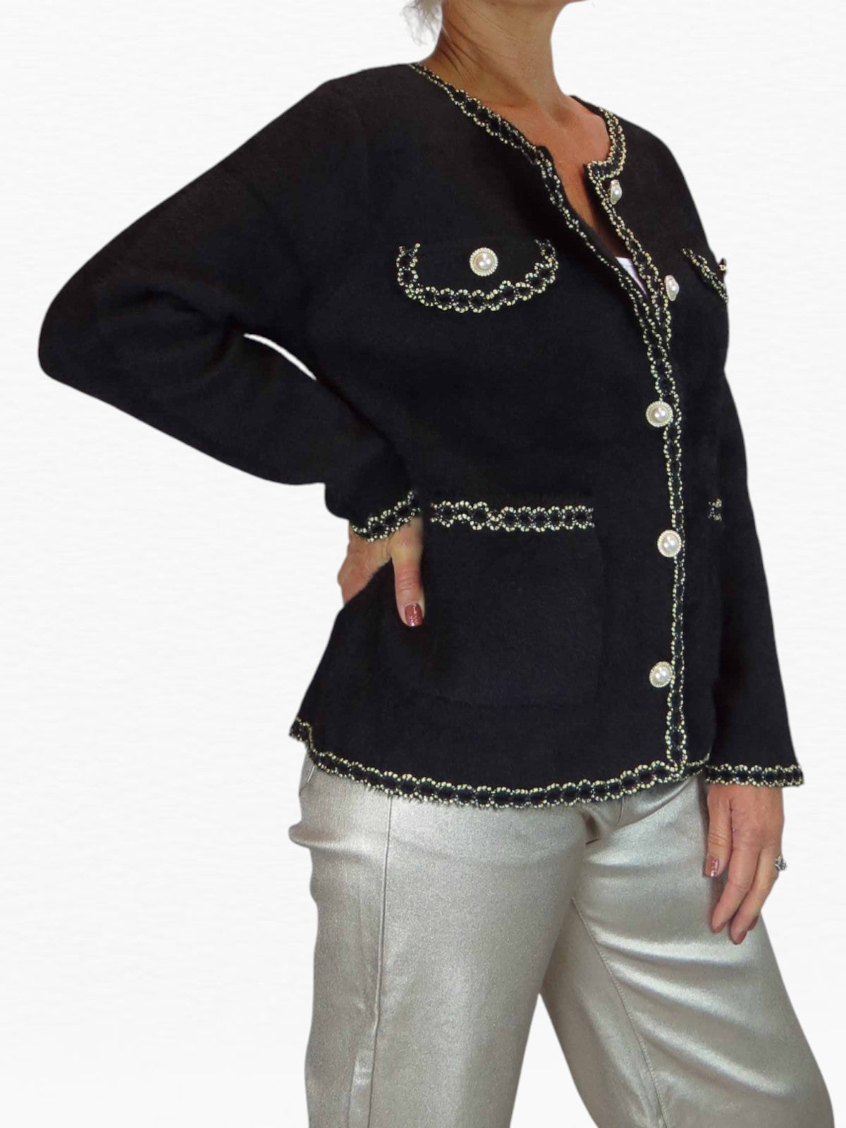 Soft Knitted Jacket with Gold & Pearl Trim Black