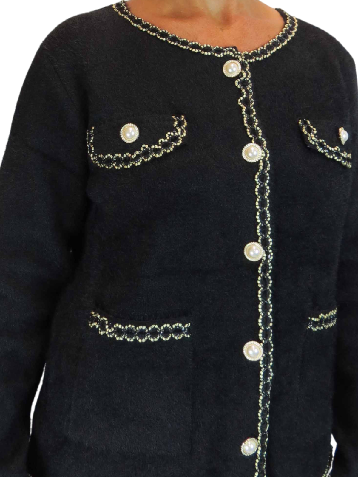 Soft Knitted Jacket with Gold & Pearl Trim Black