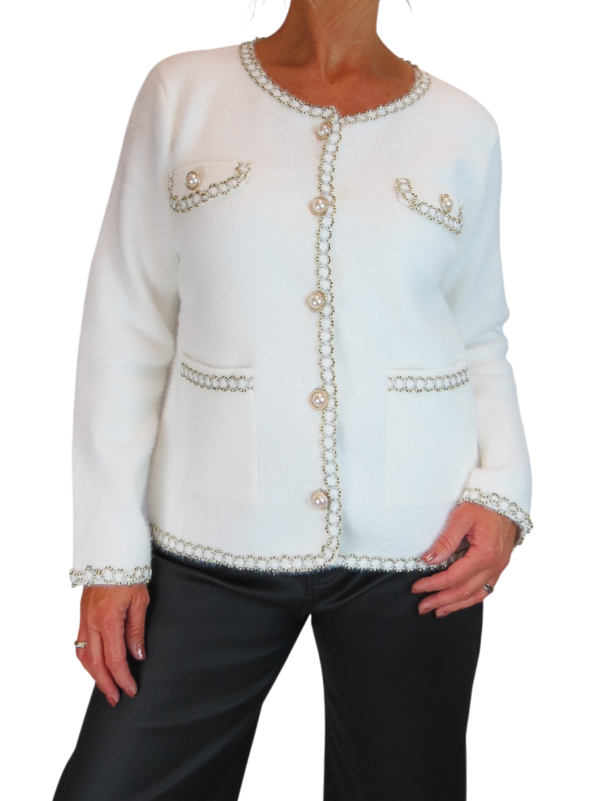 Soft Knitted Jacket with Gold & Pearl Trim Cream