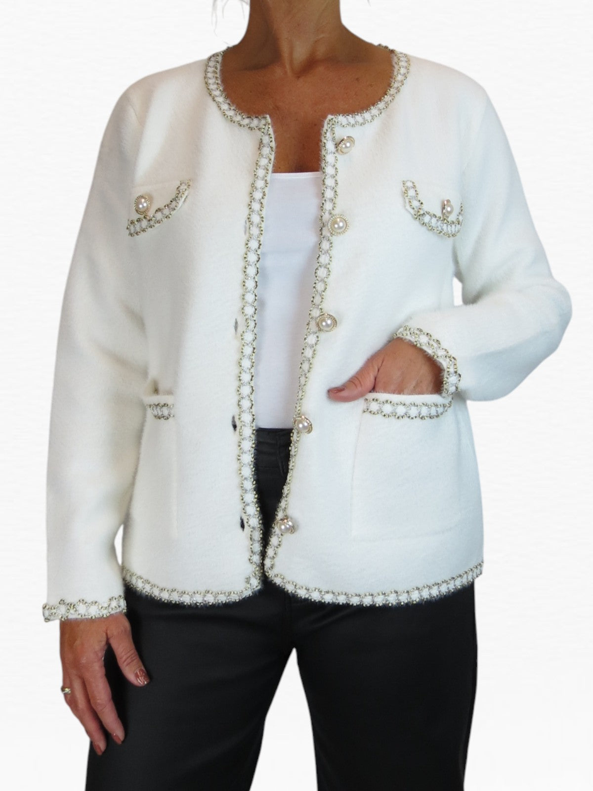 Soft Knitted Jacket with Gold & Pearl Trim Cream