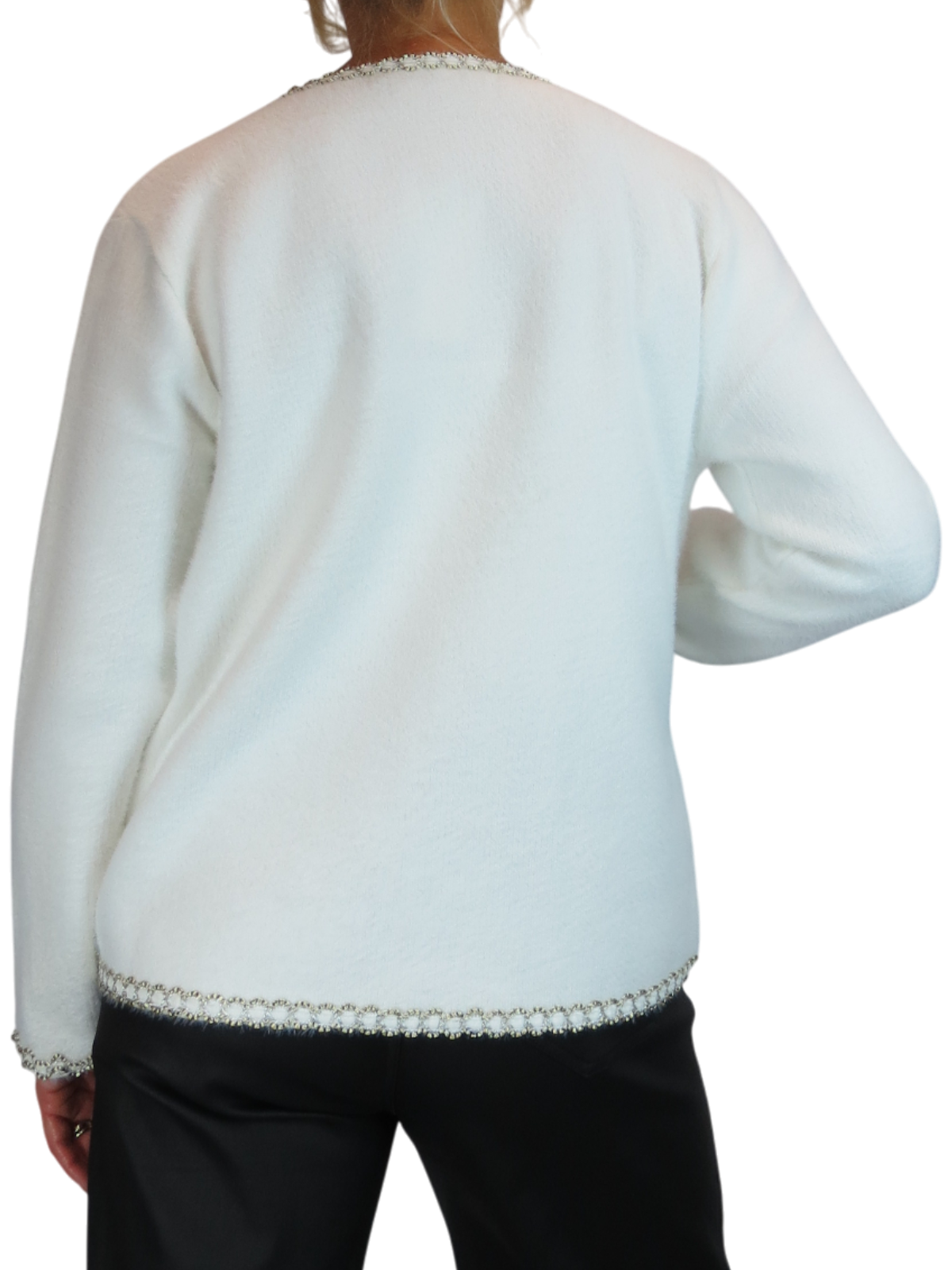Soft Knitted Jacket with Gold & Pearl Trim Cream