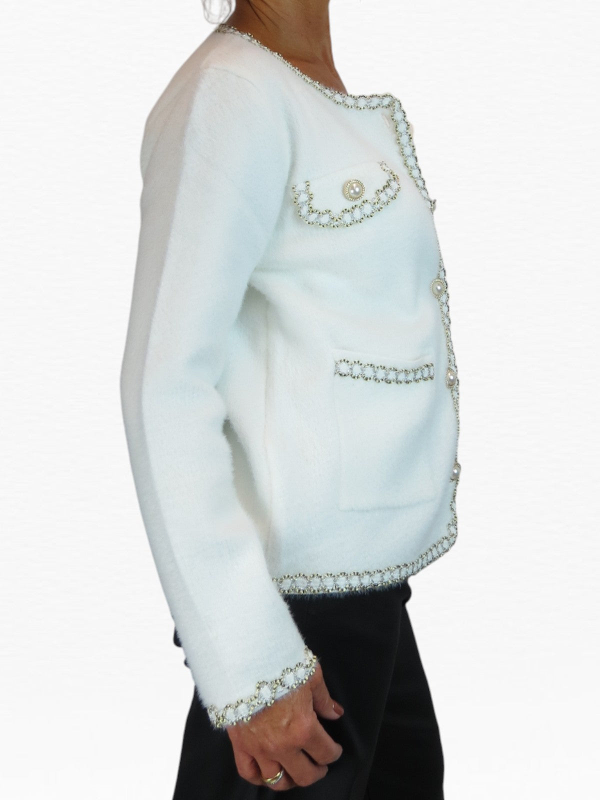 Soft Knitted Jacket with Gold & Pearl Trim Cream