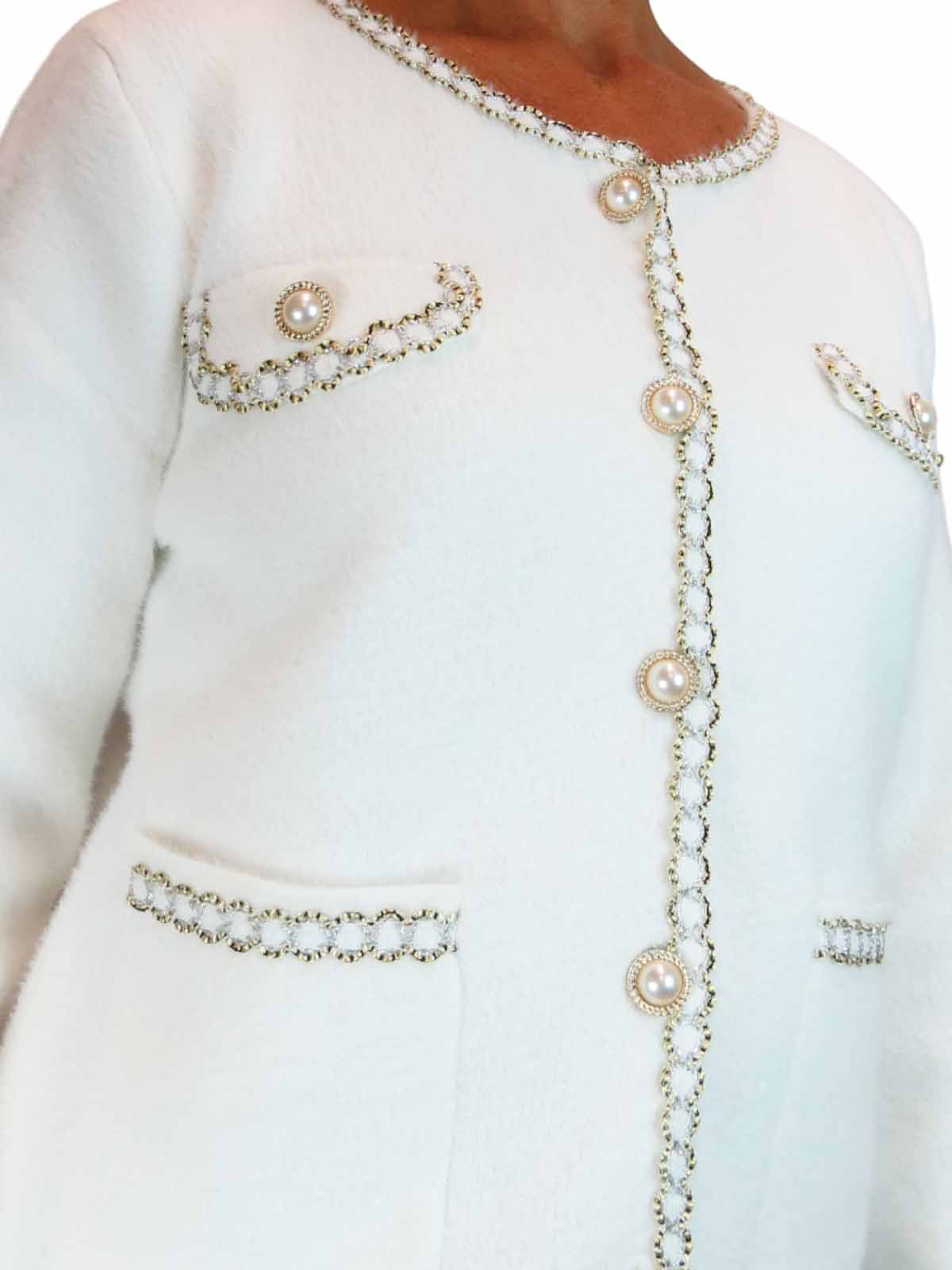 Soft Knitted Jacket with Gold & Pearl Trim Cream