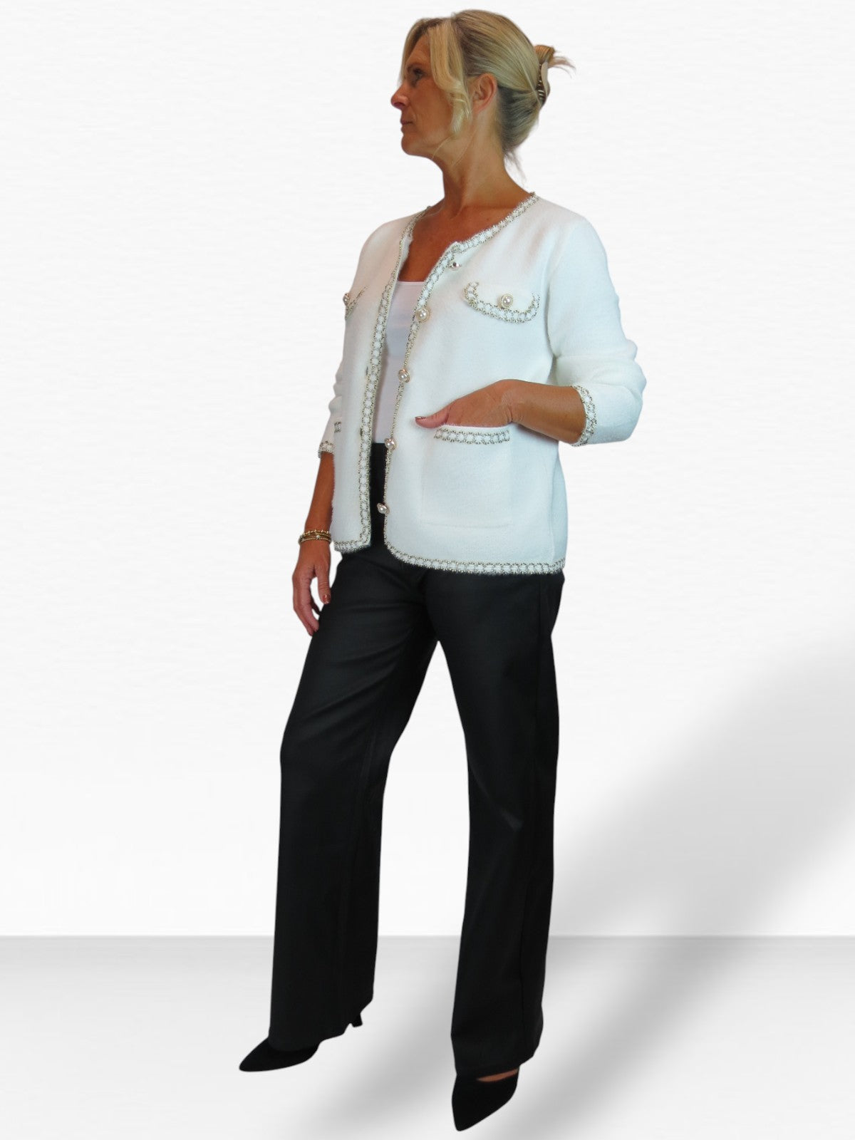 Soft Knitted Jacket with Gold & Pearl Trim Cream