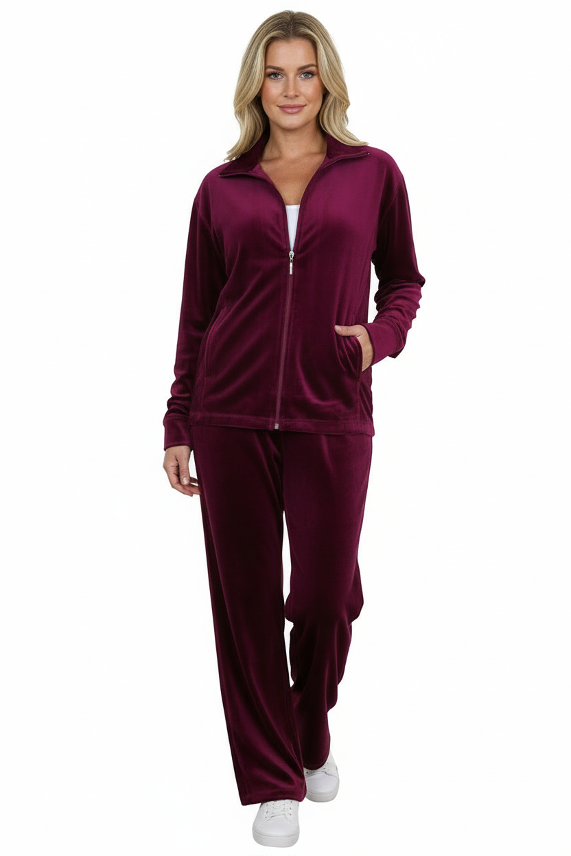 Plus Size Luxury Velour Tracksuit Wine Red
