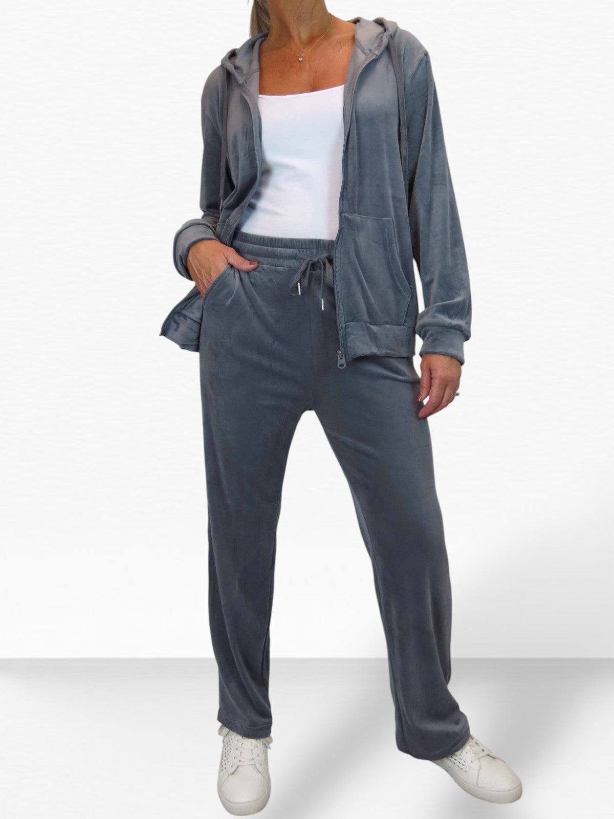 Velour Tracksuit Set 2 Piece Grey