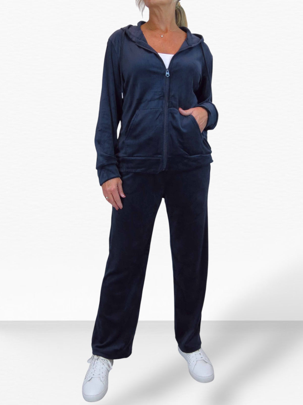 Velour Tracksuit Set 2 Piece Navy Blue