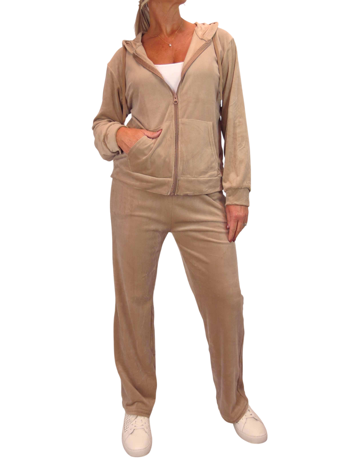 Velour Tracksuit Set 2 Piece Beige