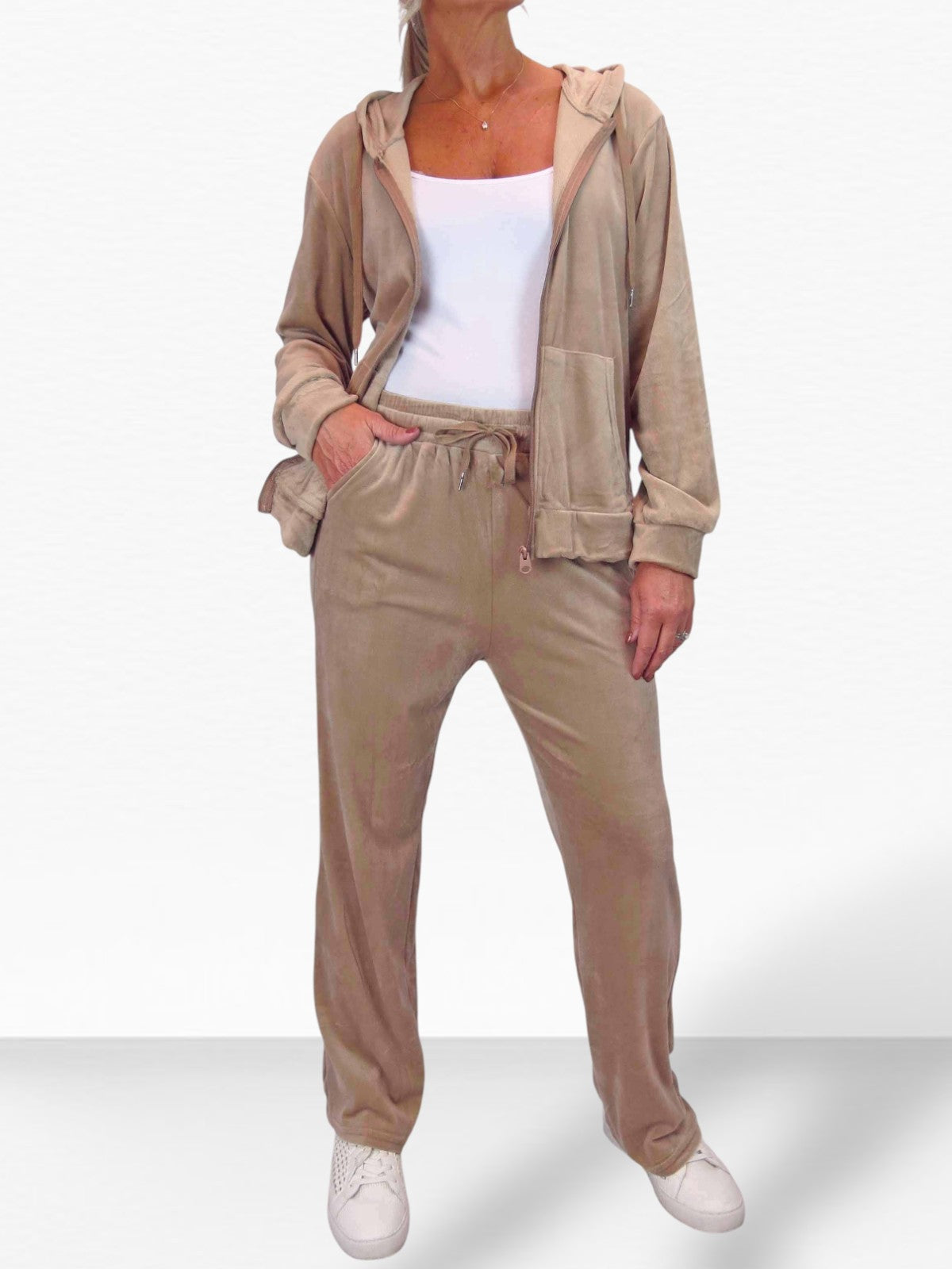 Velour Tracksuit Set 2 Piece Beige