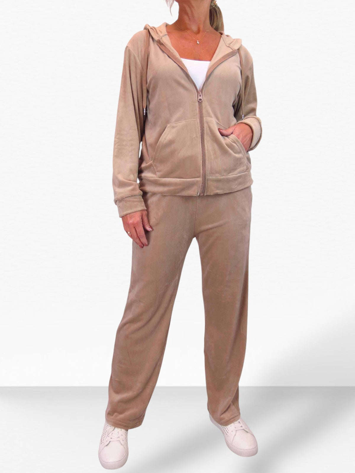 Velour Tracksuit Set 2 Piece Beige