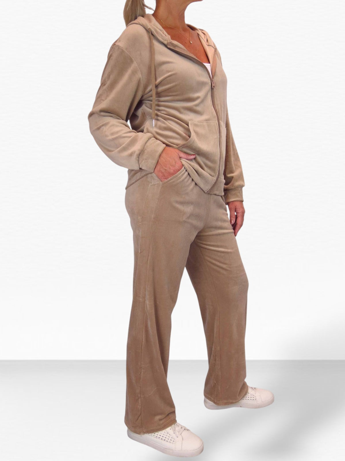 Velour Tracksuit Set 2 Piece Beige