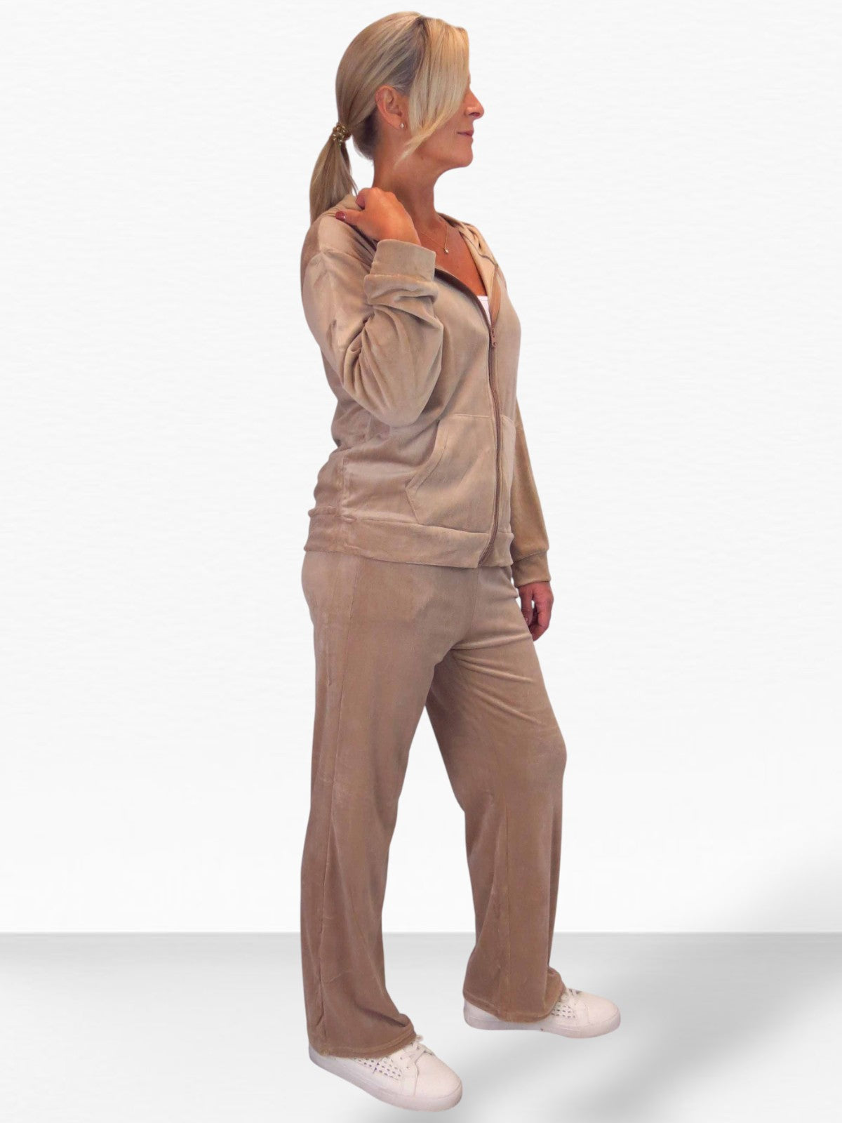 Velour Tracksuit Set 2 Piece Beige