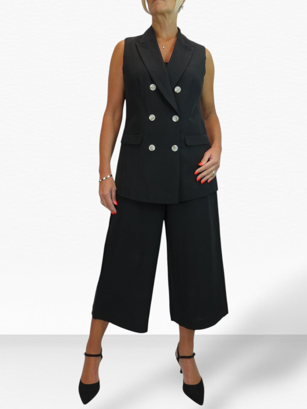 Smart Linen Look 2 Piece Waistcoat and Cropped Trouser Suit Black