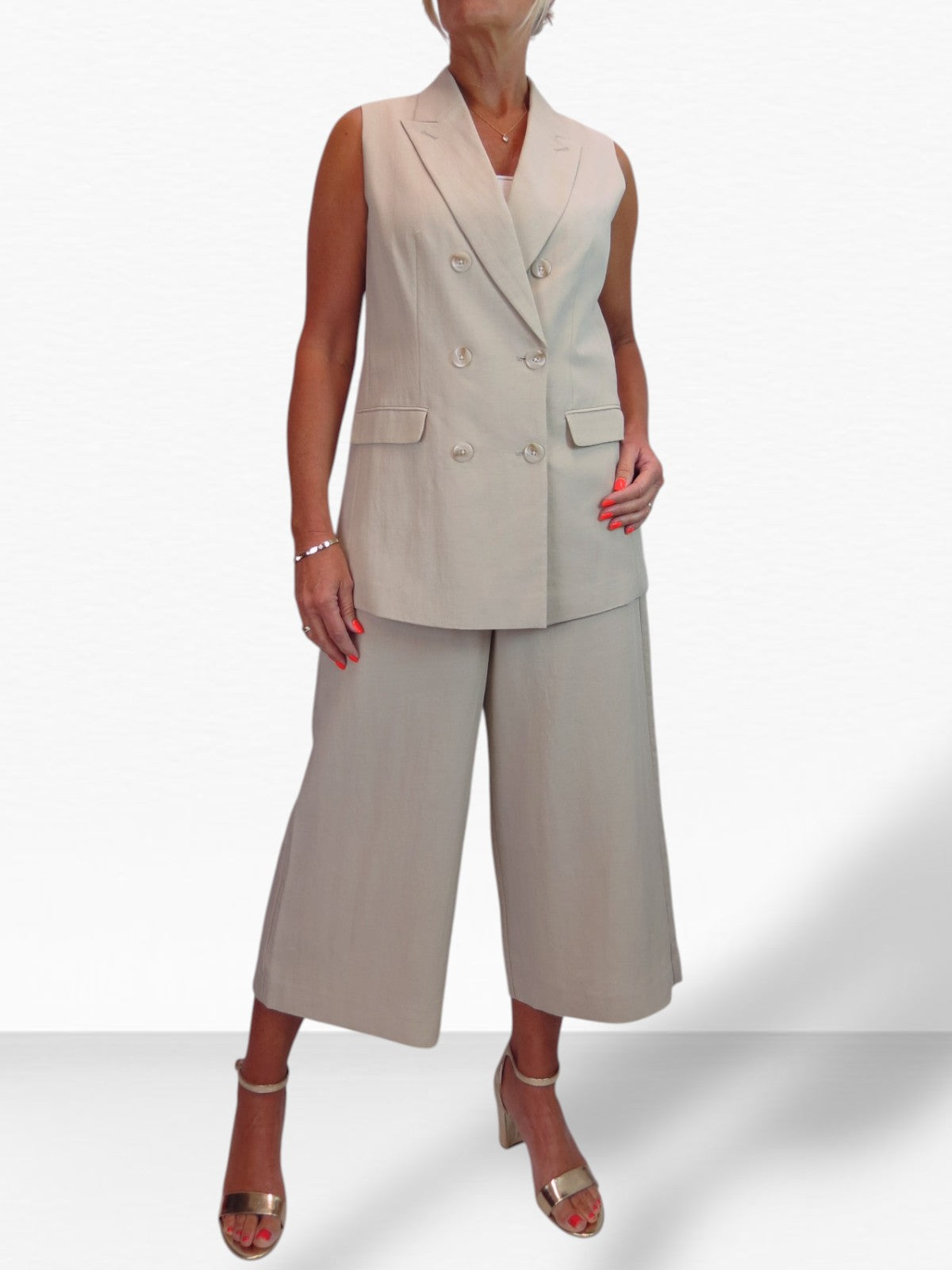 Smart Linen Look 2 Piece Waistcoat and Cropped Trouser Suit Beige