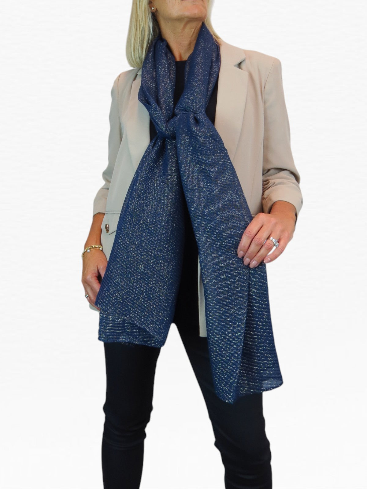Golden Shimmer Evening Shawl With Pleated Crinkle Scarf Navy Blue