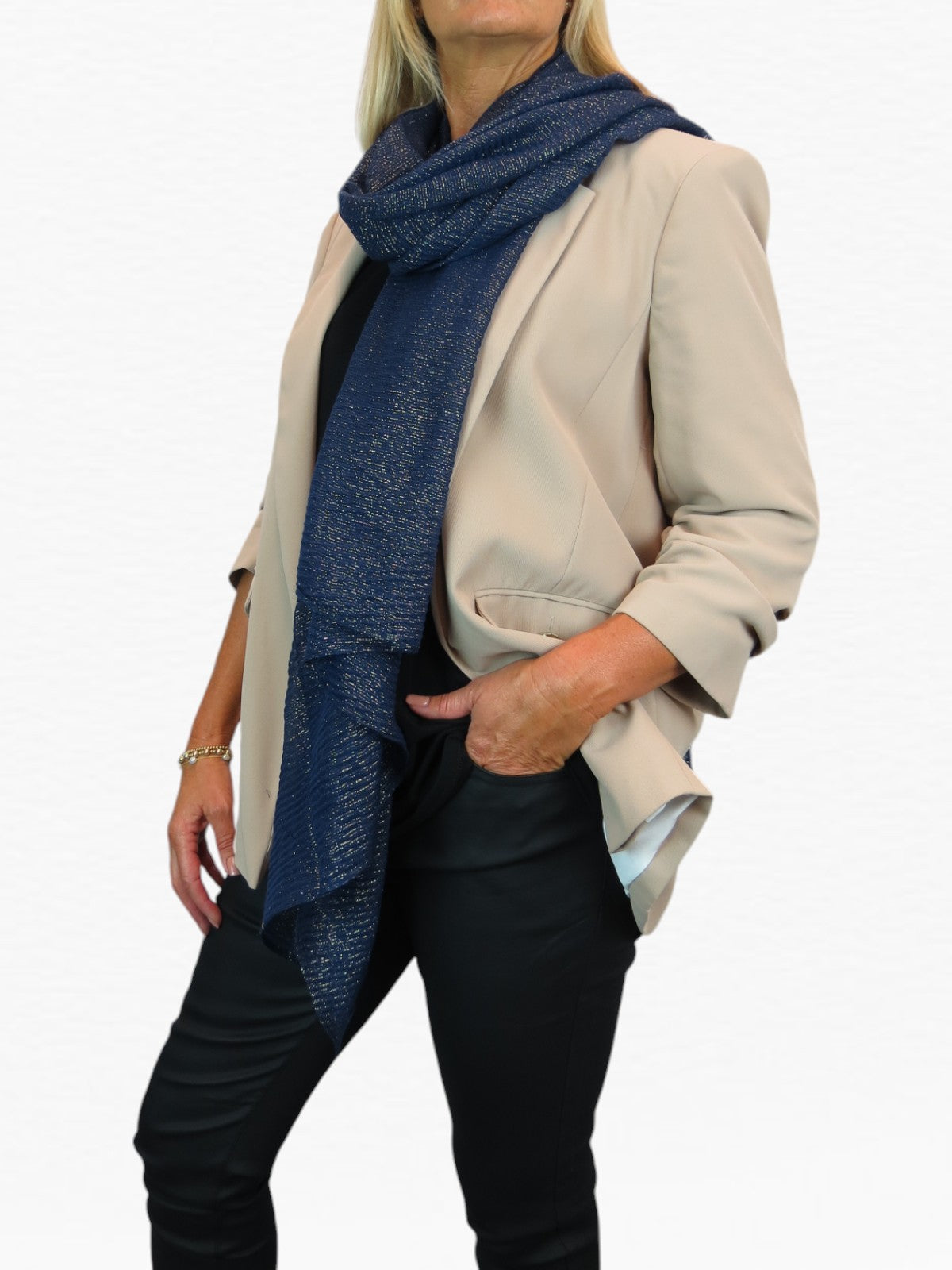 Golden Shimmer Evening Shawl With Pleated Crinkle Scarf Navy Blue