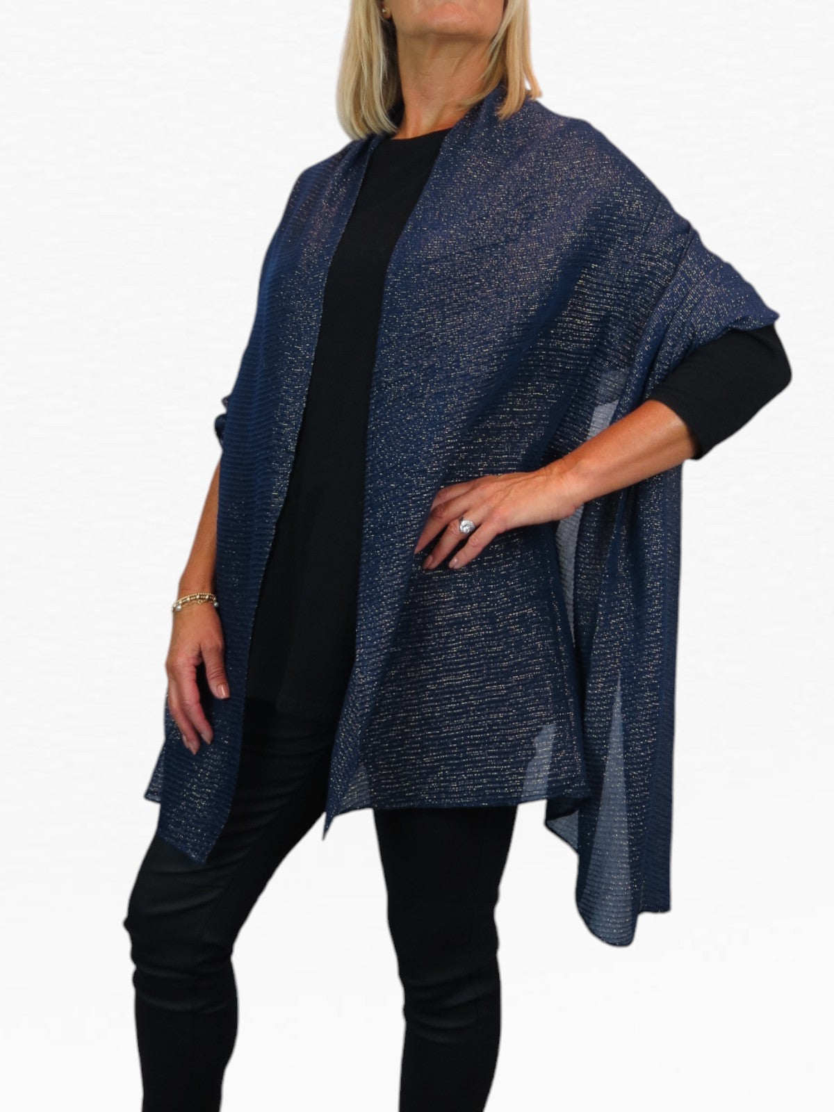 Golden Shimmer Evening Shawl With Pleated Crinkle Scarf Navy Blue
