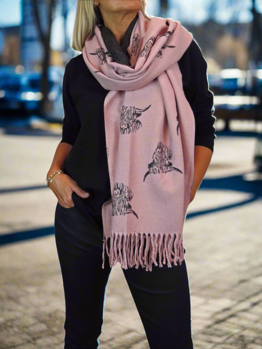 Highland Cow Cashmere Scarf Reversible Pashmina Shawl Pink