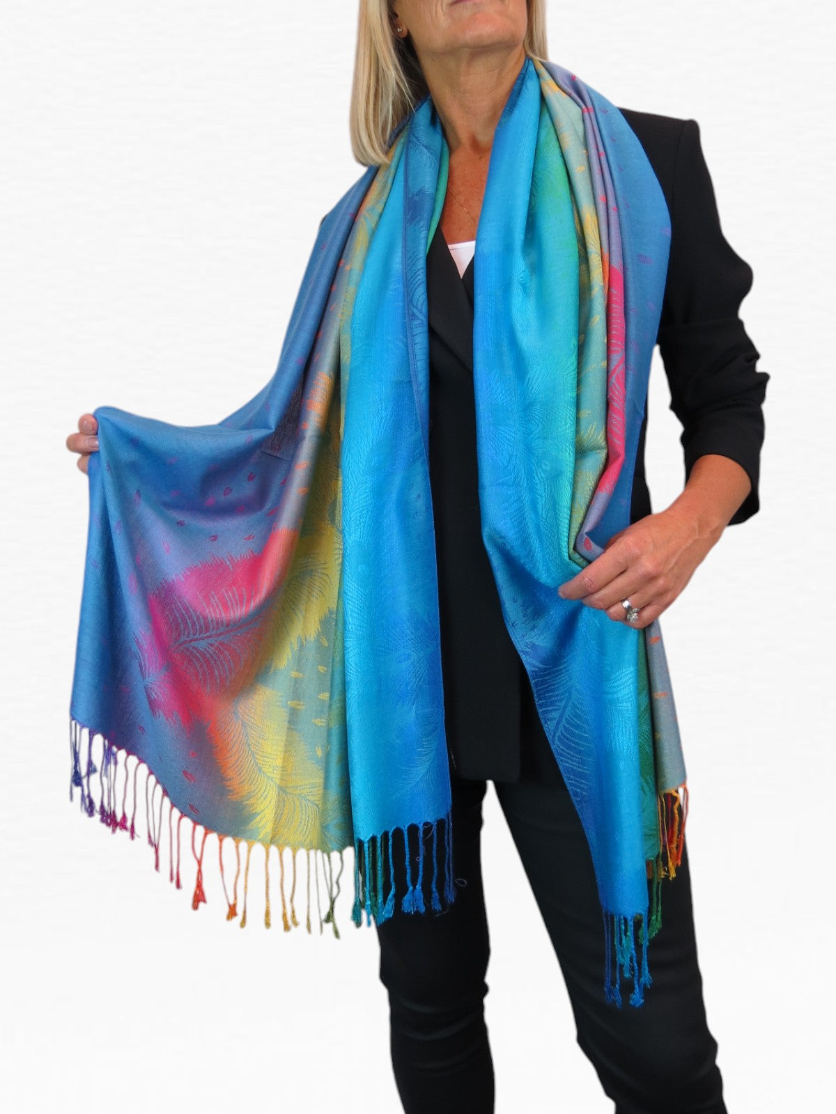 Rainbow Peacock Feather Pashmina Shawl Scarf Blue