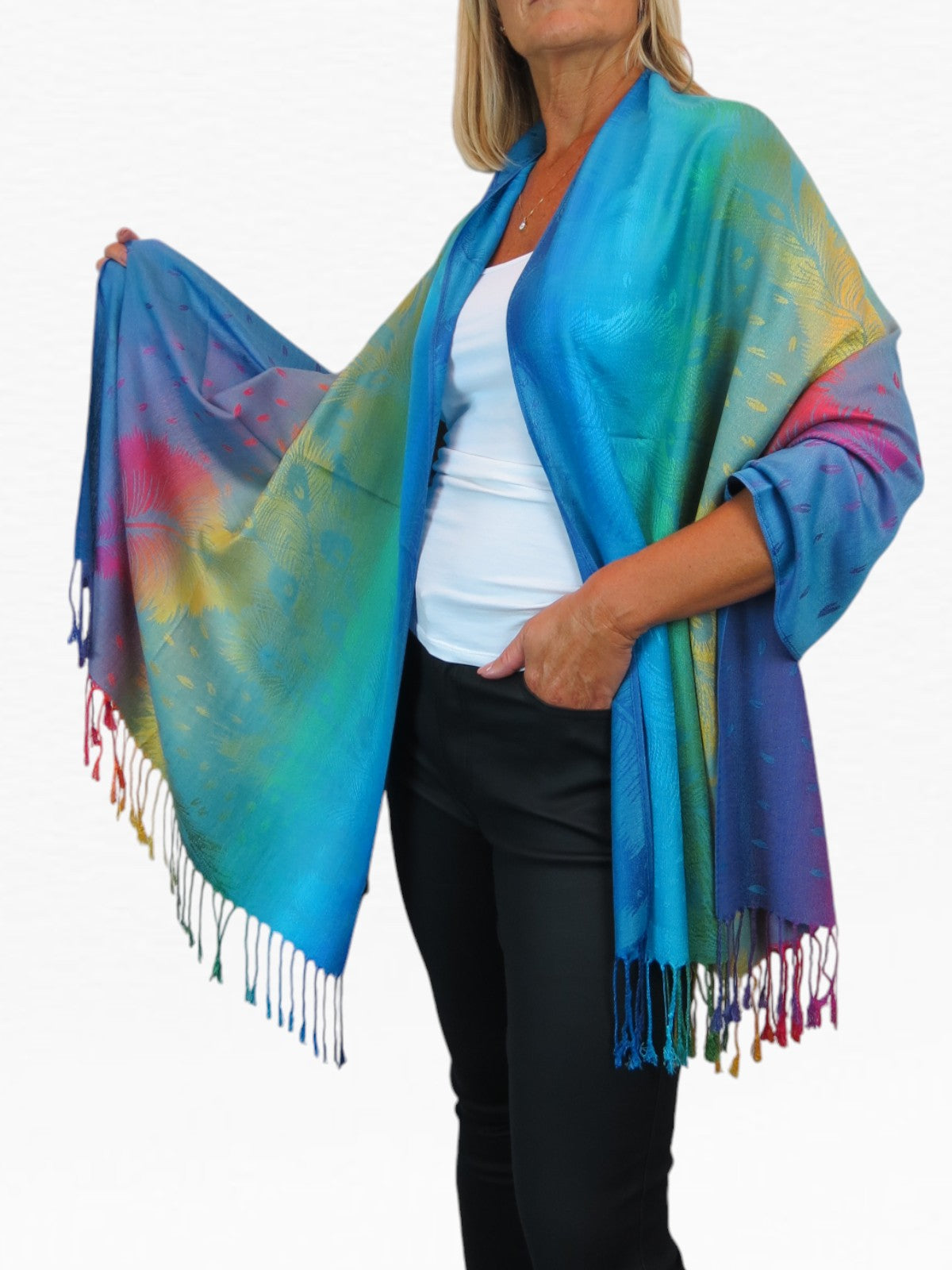 Rainbow Peacock Feather Pashmina Shawl Scarf Blue