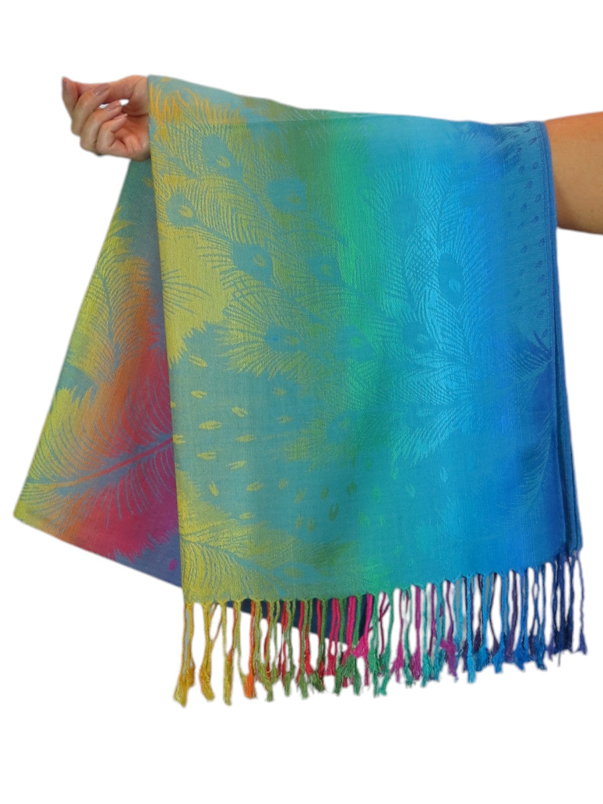 Rainbow Peacock Feather Pashmina Shawl Scarf Blue
