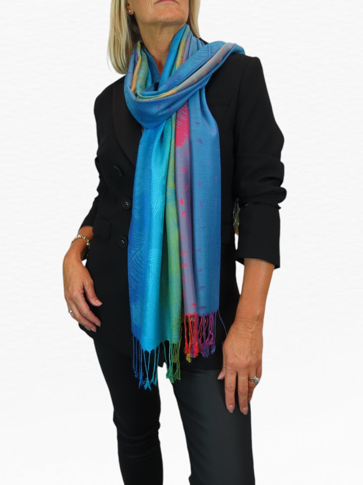 Rainbow Peacock Feather Pashmina Shawl Scarf Blue