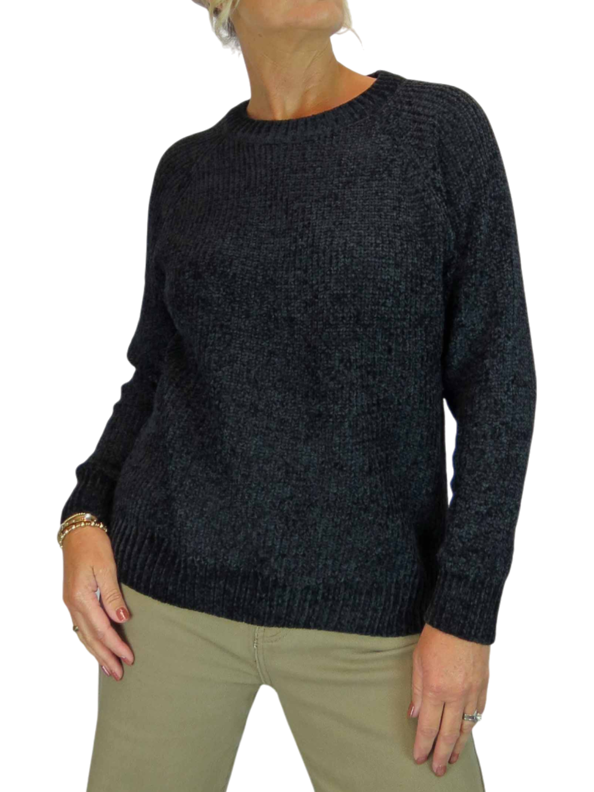 Long Sleeve Chenille Crew Neck Jumper Black