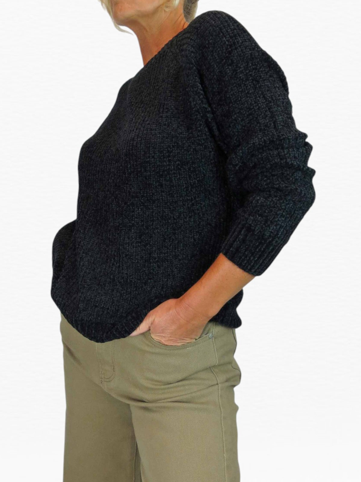 Long Sleeve Chenille Crew Neck Jumper Black